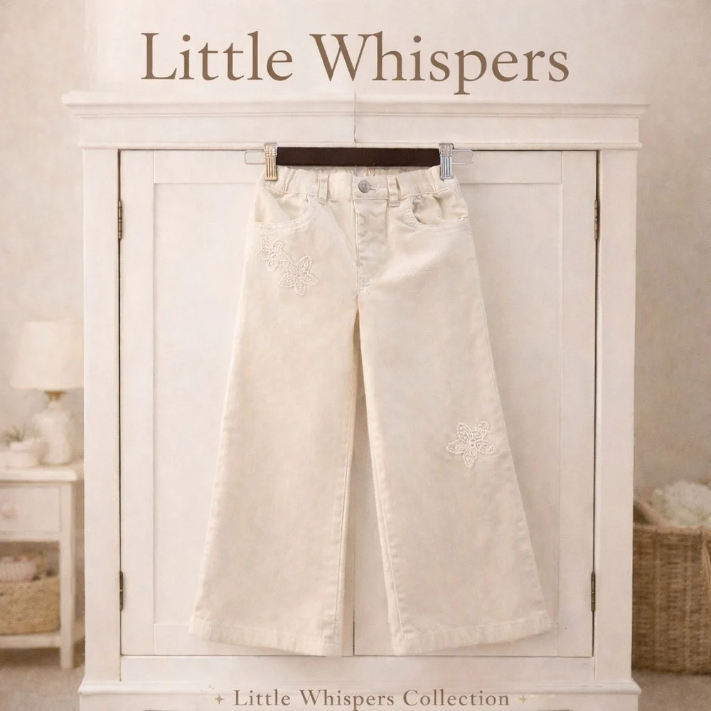 NWT OshKosh Cream Wide Leg Jeans 5T | Floral Appliqué Adjustable Waist